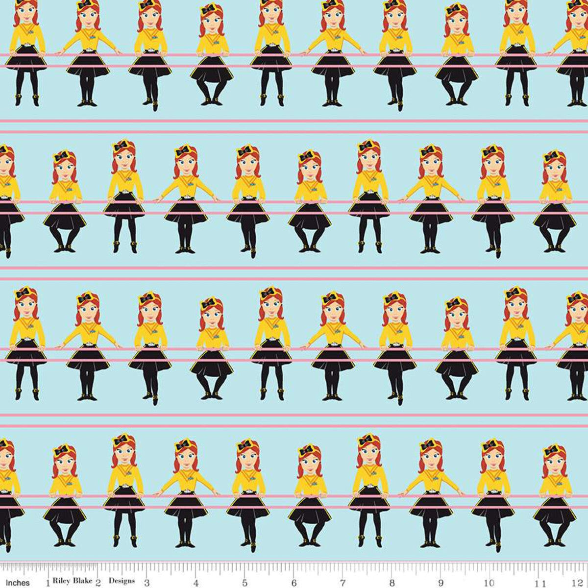 A repeating fabric pattern featuring cartoon girls in yellow tops, black skirts, and red hair on a light blue background, with a ruler strip at the bottom showing scale.