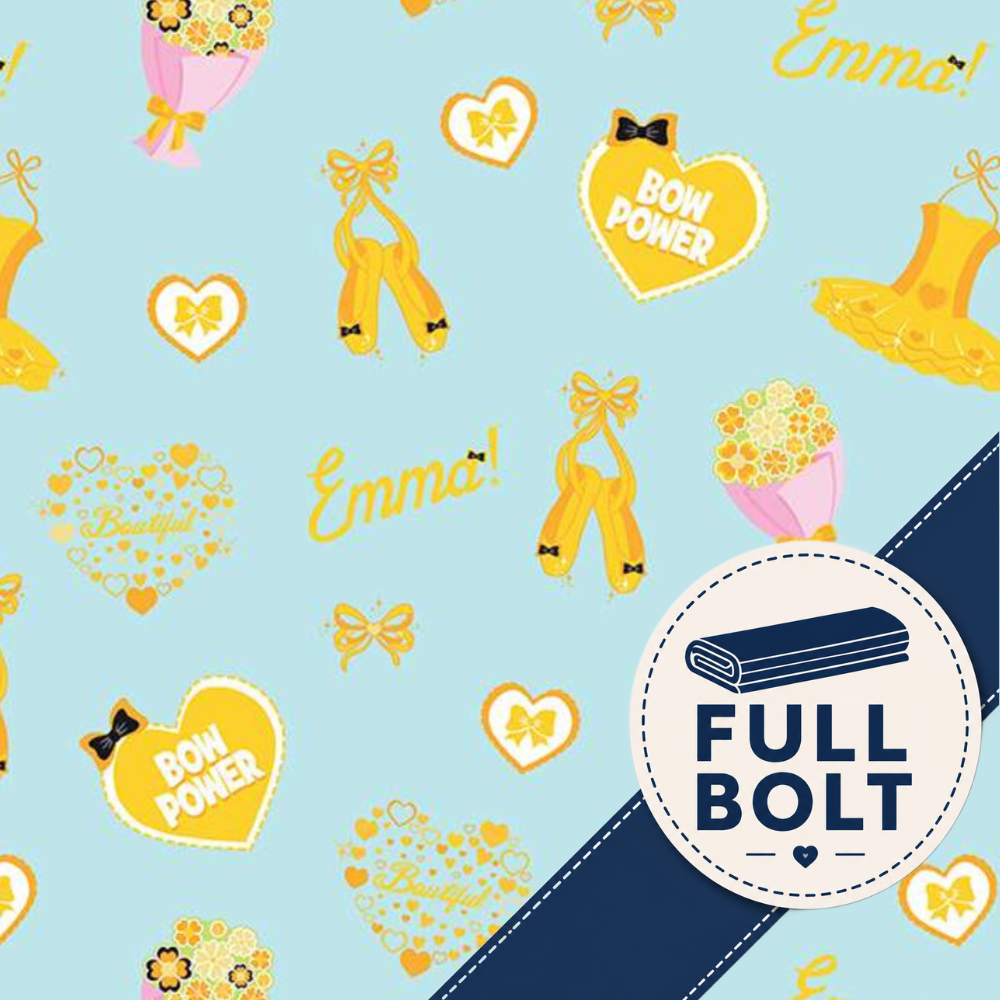 A repeating pattern design featuring yellow bows, yellow hearts with 'BON POWER' text, yellow flowers in pink and yellow, and the name 'Emma!' on a light blue background, with a dark blue diagonal stripe and a circular 'FULL BOLT' badge in the lower right.
