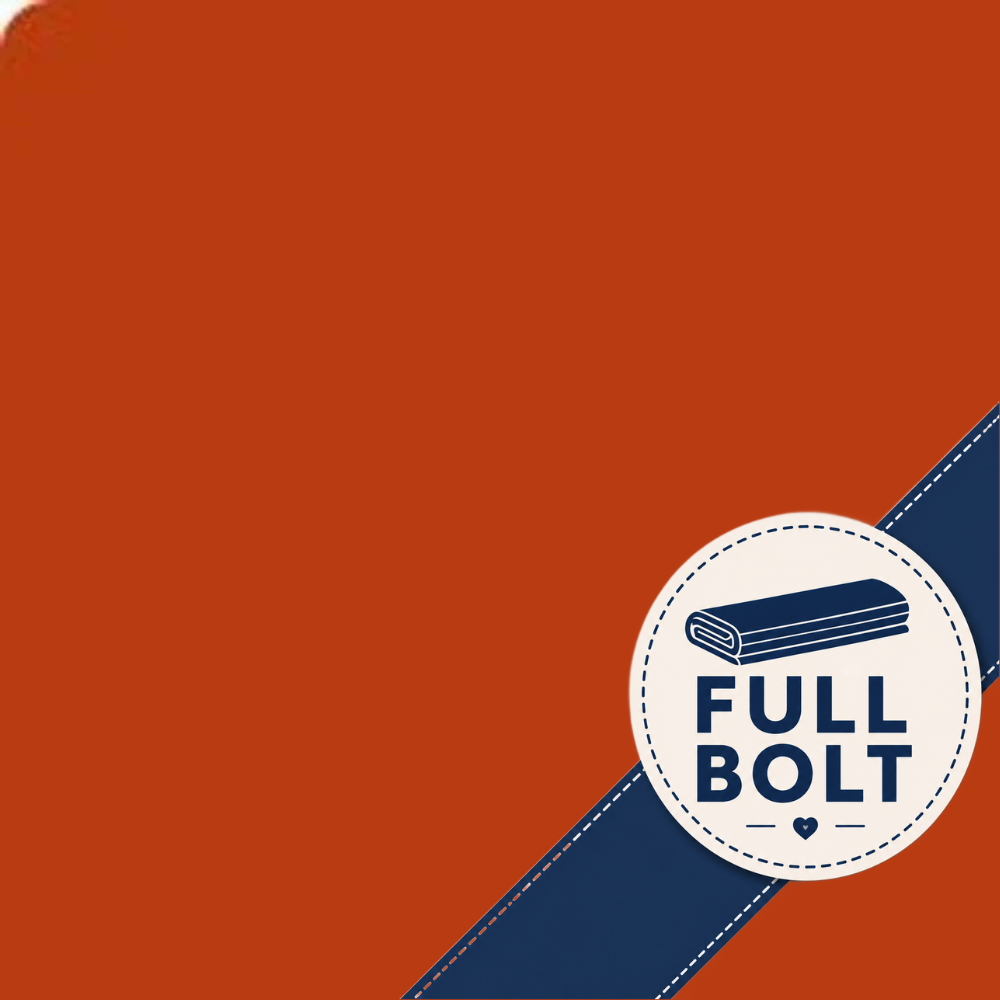 A flat fabric with a solid orange background, a dark blue diagonal stripe across the lower right, and a white circular badge containing the text 'FULL BOLT' and a simple illustration of folded material.
