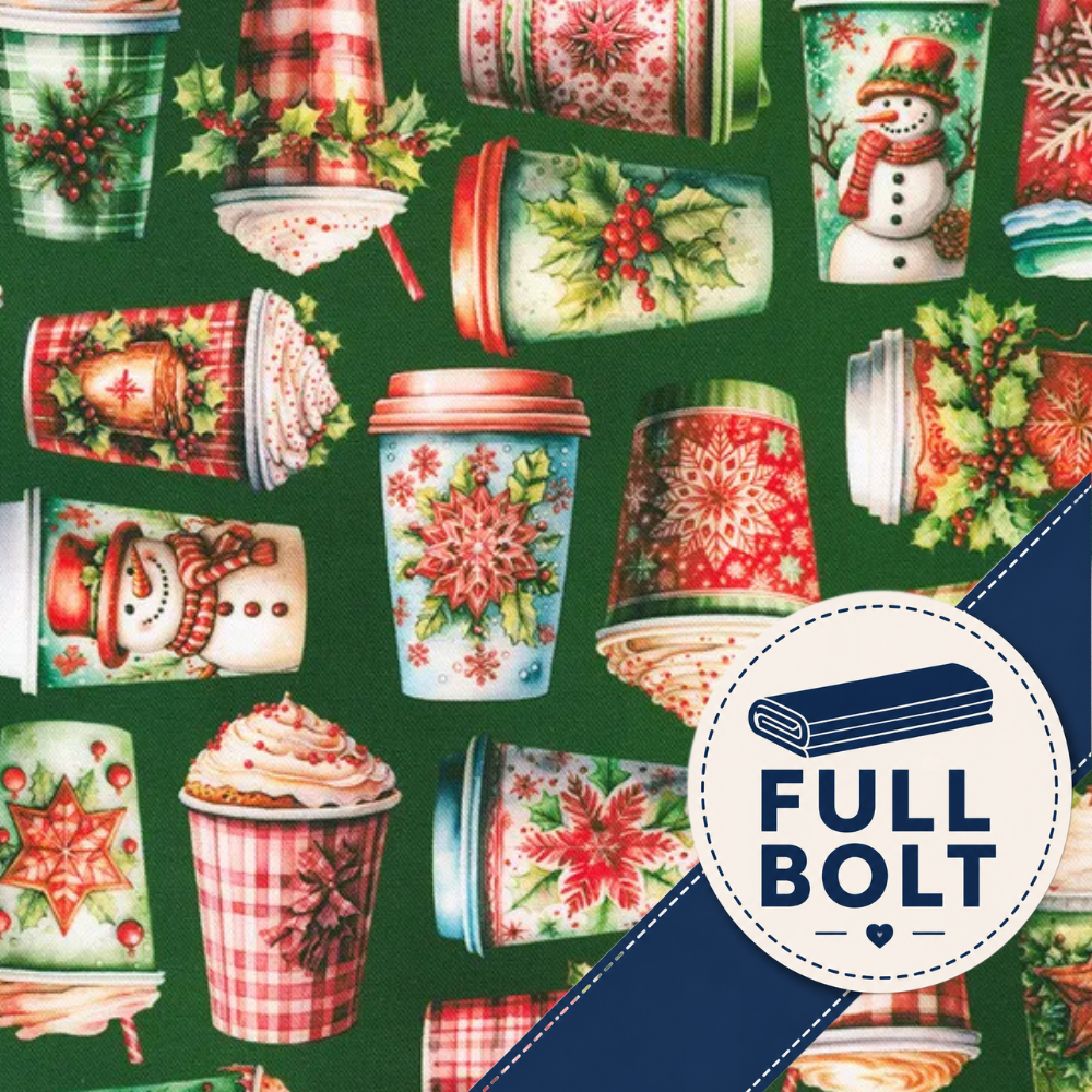 A close-up of a festive fabric pattern featuring various holiday coffee cups decorated with snowmen, holly, pinecones, and winter floral motifs on a dark green background, with a blue and white 'FULL BOLT' label overlay in the bottom right corner.