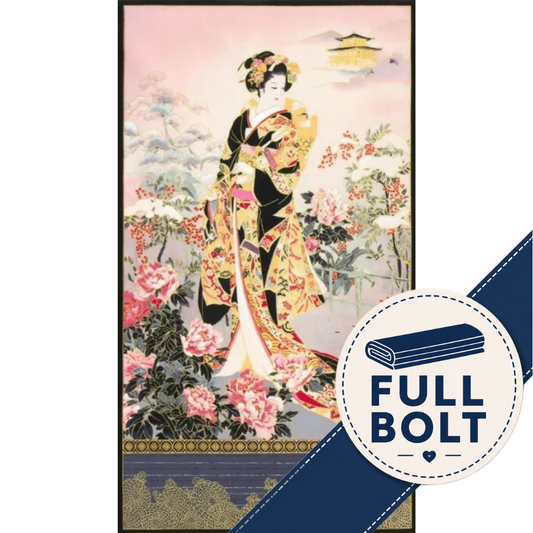 A vertical rectangular fabric panel featuring a vintage Japanese-style illustration of a woman in a black and gold kimono surrounded by pink flowers, shown on a white background with a blue diagonal banner and a circular 'FULL BOLT' badge.