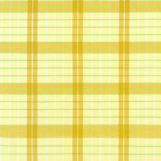 A close-up of a plaid fabric pattern with a pale yellow background, mustard yellow vertical stripes, and thin light green horizontal and vertical lines.