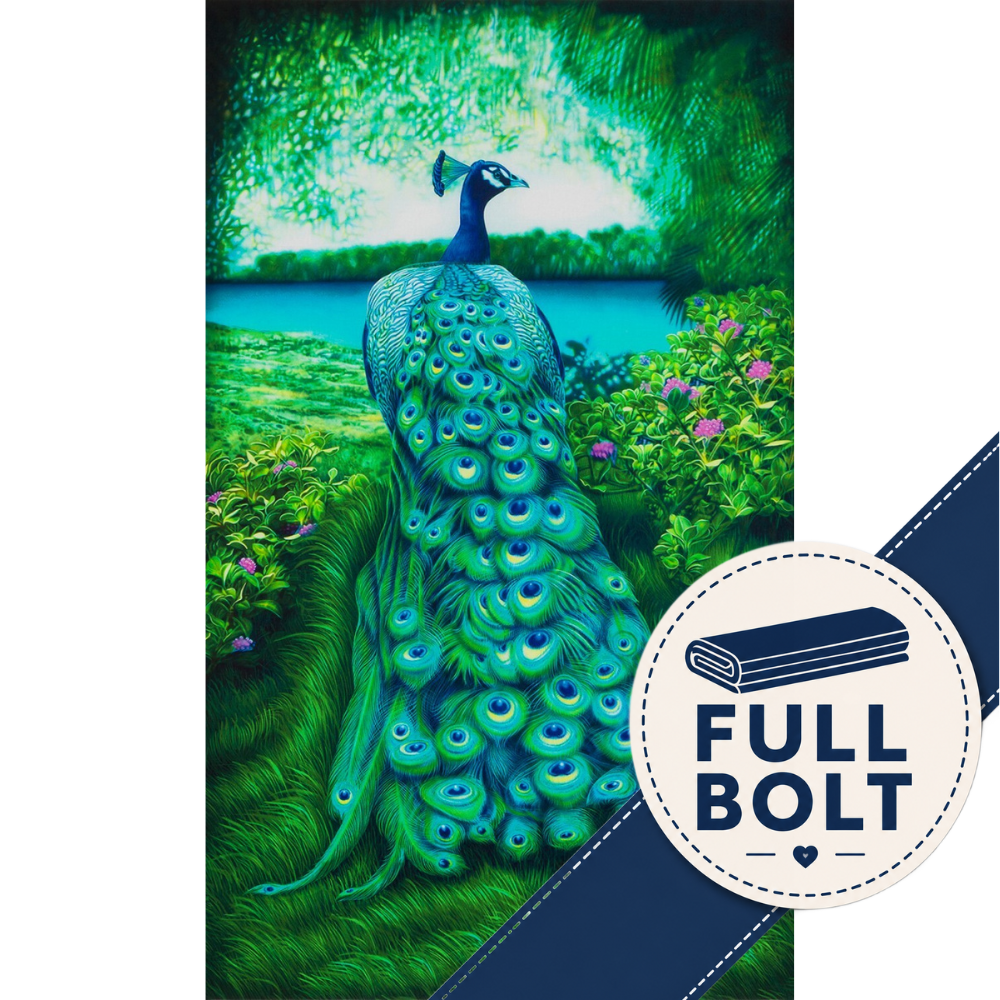 A vertical rectangular fabric panel showing a peacock standing in a lush green landscape with flowers and water, plus a dark blue diagonal banner with the words 'FULL BOLT' and a small rolled-paper icon. The image is presented with white side margins.