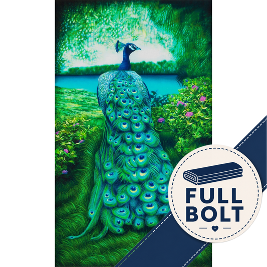 A vertical rectangular fabric panel showing a peacock standing in a lush green landscape with flowers and water, plus a dark blue diagonal banner with the words 'FULL BOLT' and a small rolled-paper icon. The image is presented with white side margins.