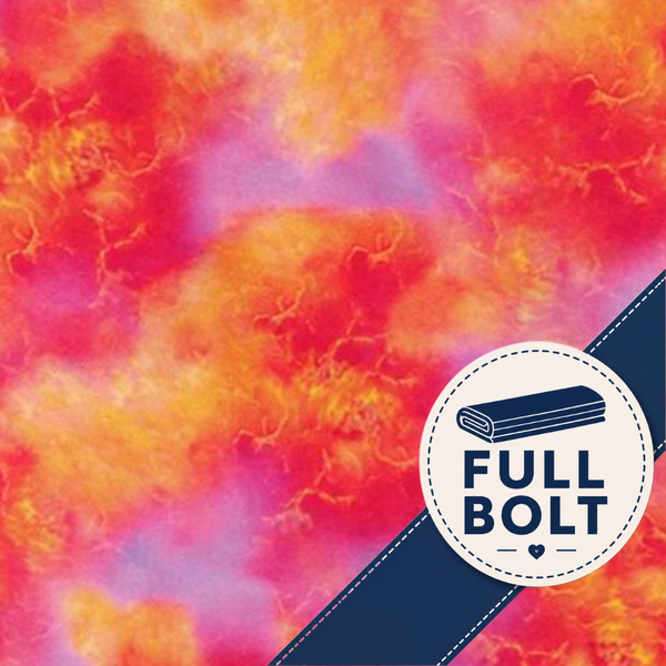 A close-up of a fabric bolt with a vibrant, fiery tie-dye pattern in red, orange, and pink, featuring a dark blue diagonal banner with a white circular 'FULL BOLT' label.