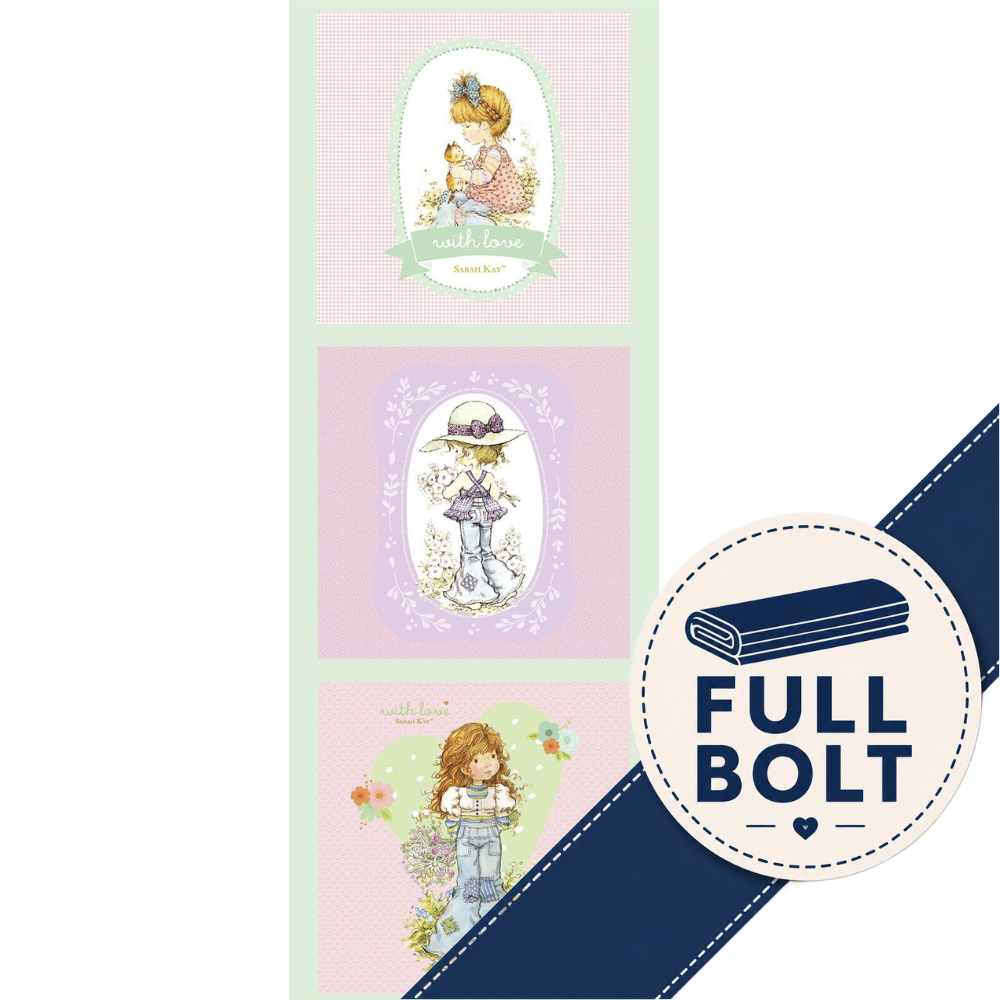 Three vertical fabric panels with vintage-style illustrated girls on pastel backgrounds, shown next to a circular badge reading FULL BOLT with a navy ribbon graphic.