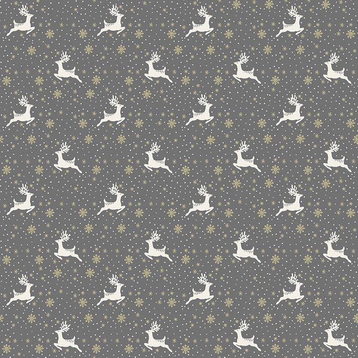 A repeating pattern of white leaping reindeer on a dark gray background with small white stars and muted gold snowflakes.