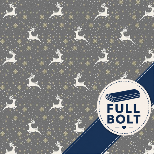 A repeating holiday pattern featuring white reindeer and small gold snowflakes on a dark gray background, with a blue diagonal banner in the lower right corner containing a white circular badge that reads 'FULL BOLT'.