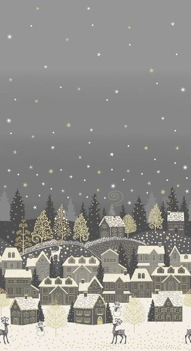 A stylized winter village scene with snow-covered houses, evergreen trees, a bridge, and a starry night sky. The illustration uses muted gray, white, black, and soft gold tones, with small reindeer visible along the bottom.