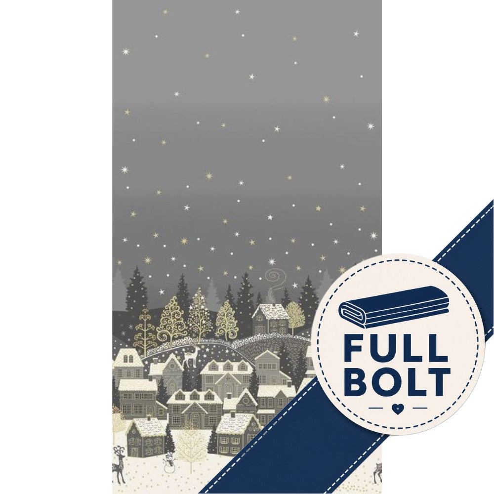 A vertical fabric border graphic showing a winter village scene with snow-covered houses, trees, and stars in the sky, alongside a navy diagonal banner and a circular badge that reads 'FULL BOLT'.