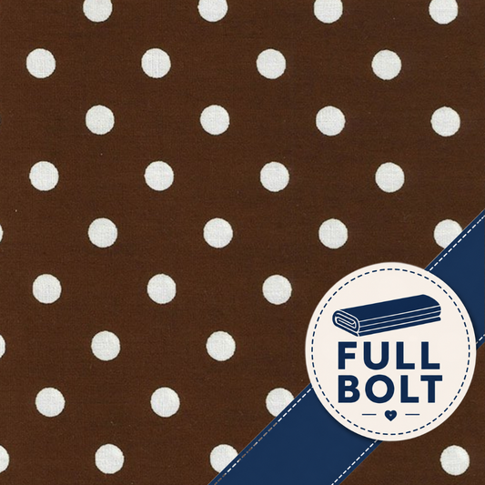 Brown fabric with white polka dots, featuring a blue diagonal stripe and a circular 'FULL BOLT' label in the lower right corner.