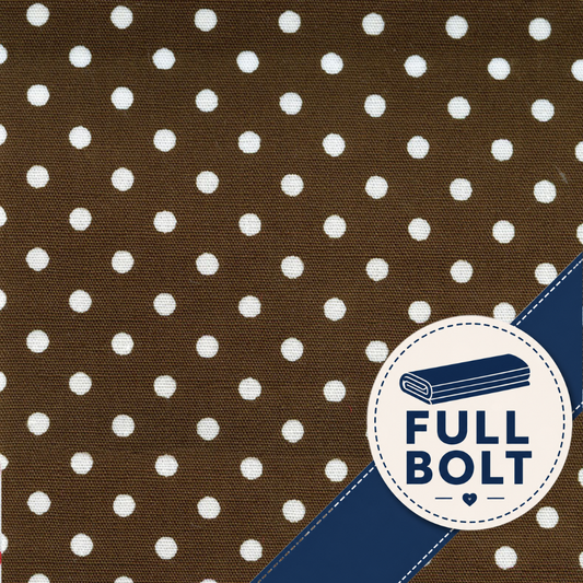 Brown fabric with a small white polka dot pattern, featuring a blue diagonal stripe and a circular 'FULL BOLT' badge in the lower right corner.