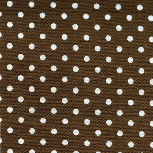 Brown fabric with a white polka dot pattern, showing a close-up of the woven texture.