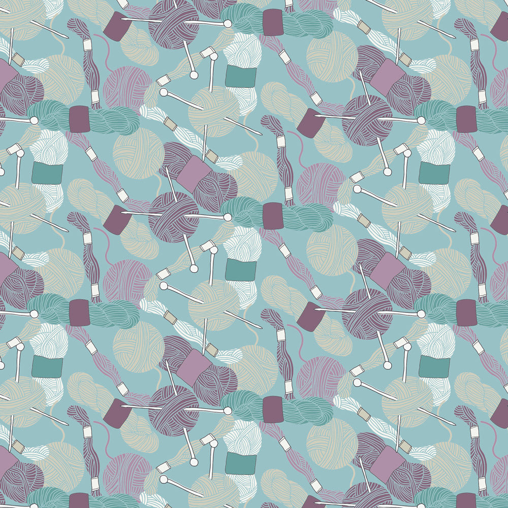 A repeating seamless pattern featuring stylized skeins of yarn in purple, mint green, and cream, arranged with knitting needles and crochet hooks on a light blue background.