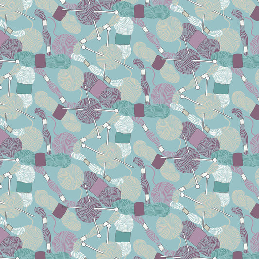 A repeating seamless pattern featuring stylized skeins of yarn in purple, mint green, and cream, arranged with knitting needles and crochet hooks on a light blue background.