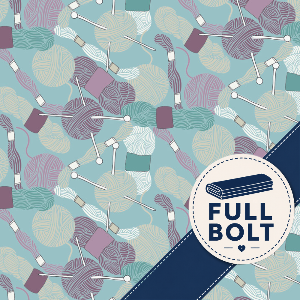 A repeating pattern of knitting-themed illustrations on a light aqua background, including yarn balls, knitting needles, and stitch markers in muted purple, sage green, cream, and white. A dark navy diagonal band crosses the lower right, overlaid with a circular badge reading “FULL BOLT” with a folded blanket icon.