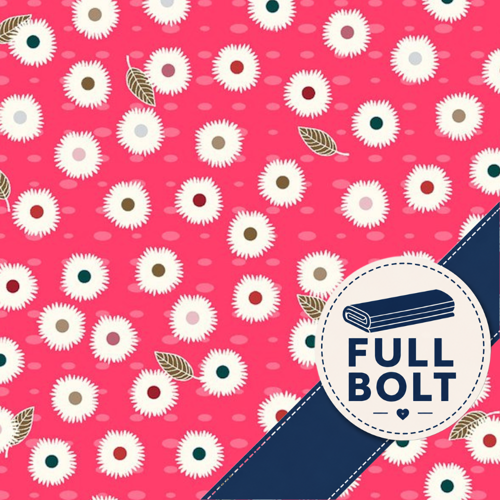 A repeating fabric pattern on a bright pink background with white flower motifs, small muted leaves, and a dark blue diagonal banner across the lower right that reads “FULL BOLT.”.