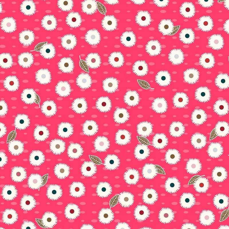 A repeating floral pattern on a bright pink background, featuring white daisy-like flowers with dark blue centers and a few olive-green leaves.