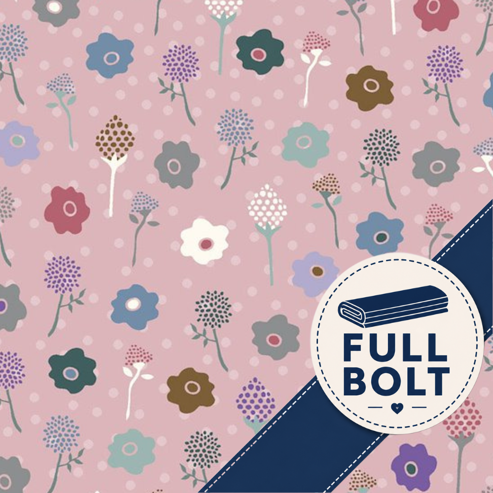 A pink floral fabric pattern with stylized wildflowers and small white dots, overlaid with a dark blue diagonal band and a circular badge reading 'FULL BOLT'.