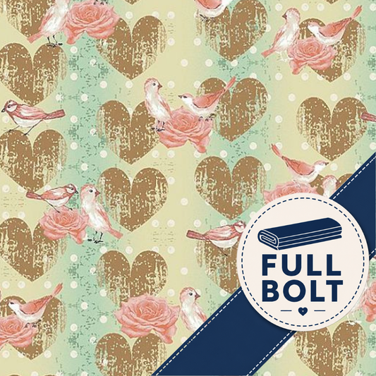 A repeating fabric print with distressed brown hearts, pink roses, and small birds on a pale green background, plus a dark blue diagonal band and a white circular badge reading FULL BOLT.