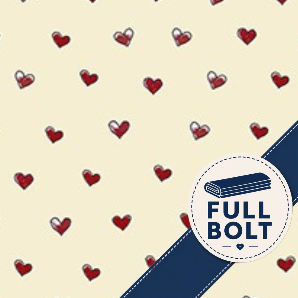 A sweet and versatile cream heart print from the Memory Mass collection by Stof, featuring delicate hearts on a soft cream background