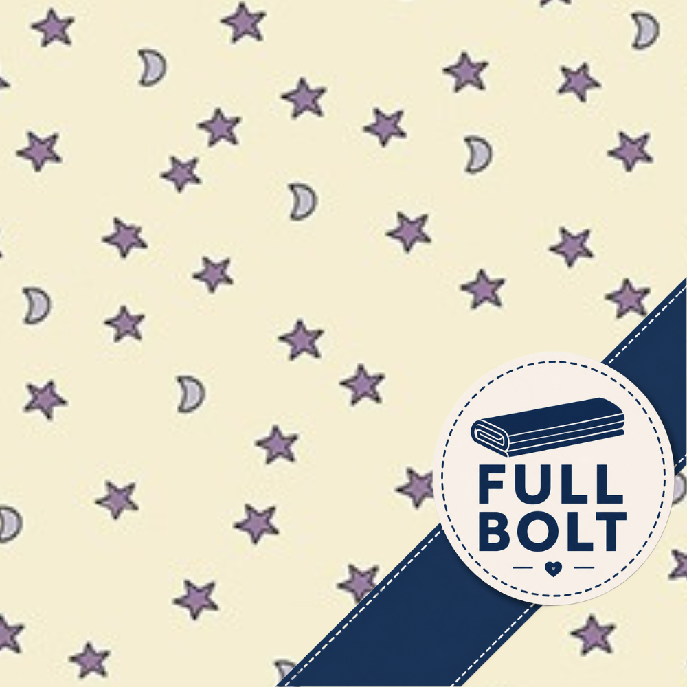 A charming moon and stars print from the Memory Mass collection by Stof, set against a soft cream background for an easy-to-use, gentle look
