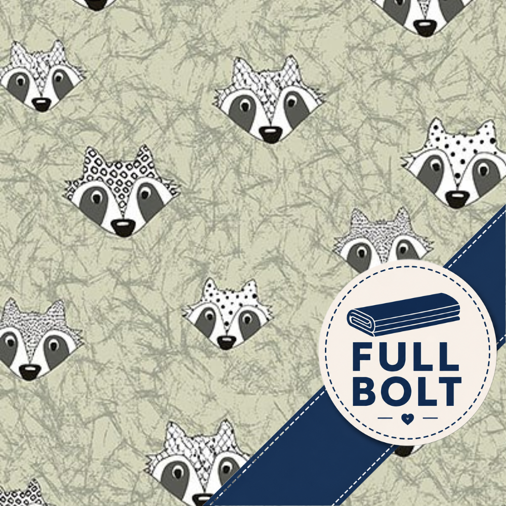 A repeating pattern of stylized raccoon faces on a light beige textured background, with a dark blue diagonal banner in the lower right that reads 'FULL BOLT' and shows a folded fabric icon.