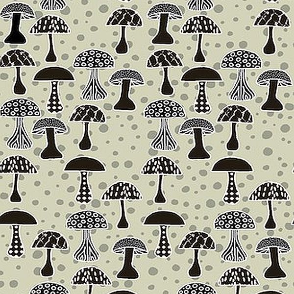 A repeating pattern of stylized mushrooms in black and white with gray polka dots on a warm beige background.