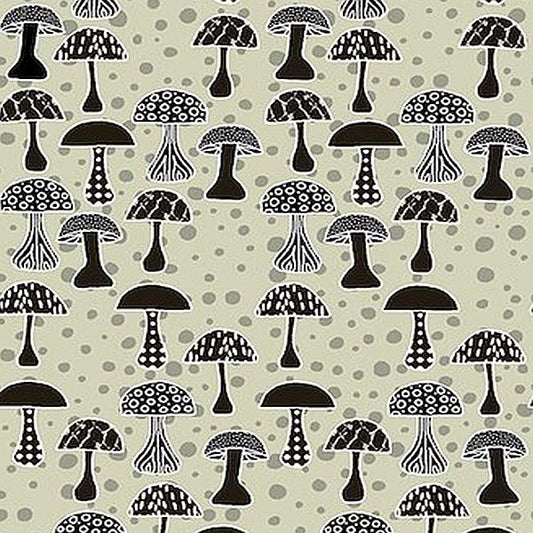 A repeating pattern of stylized mushrooms in black and white with gray polka dots on a warm beige background.