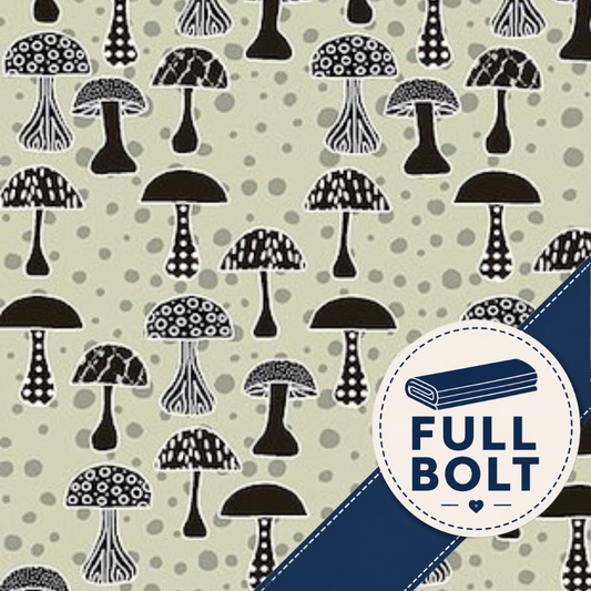 A repeating fabric pattern featuring stylized mushrooms in black, white, and gray on a warm beige background, with a navy blue diagonal band and a circular 'FULL BOLT' badge overlay.