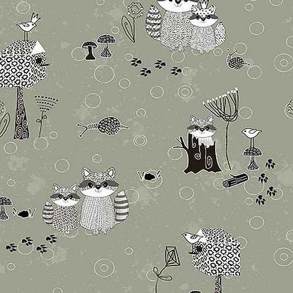 A repeating illustrated pattern on a muted sage green background, featuring raccoons, a hedgehog, birds, mushrooms, tree stumps, and paw prints. A large white circular badge with a navy diagonal band and the words 'FULL BOLT' is overlaid in the lower right.