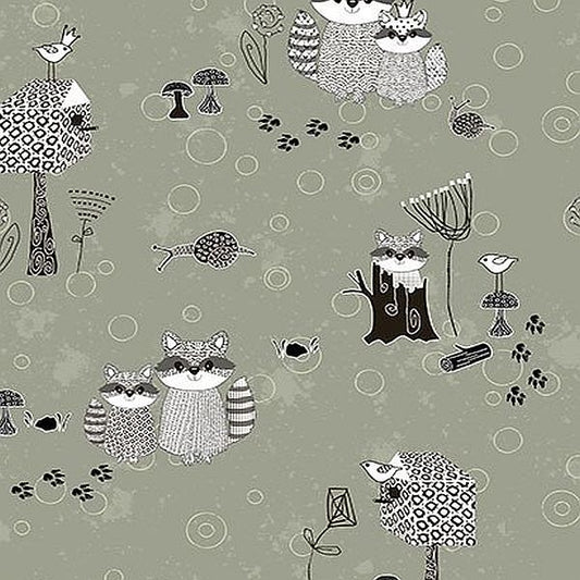 A repeating illustrated pattern on a muted sage green background, featuring raccoons, a hedgehog, birds, mushrooms, tree stumps, and paw prints. A large white circular badge with a navy diagonal band and the words 'FULL BOLT' is overlaid in the lower right.