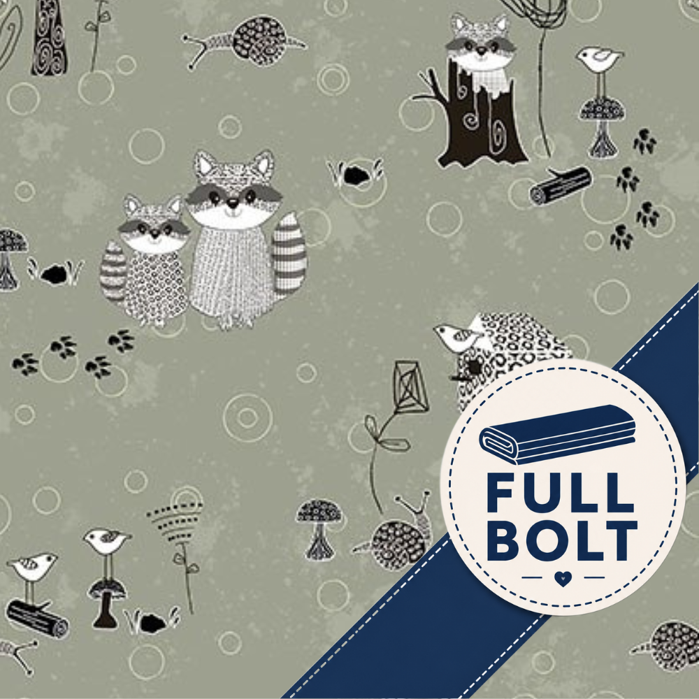 A repeating illustrated pattern on a muted sage green background, featuring raccoons, a hedgehog, birds, mushrooms, tree stumps, and paw prints. A large white circular badge with a navy diagonal band and the words 'FULL BOLT' is overlaid in the lower right.