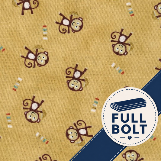 A close-up of fabric with a mustard yellow background, printed with brown monkey illustrations and small multicolor striped accents, plus a dark blue diagonal band and a white circular badge reading FULL BOLT.