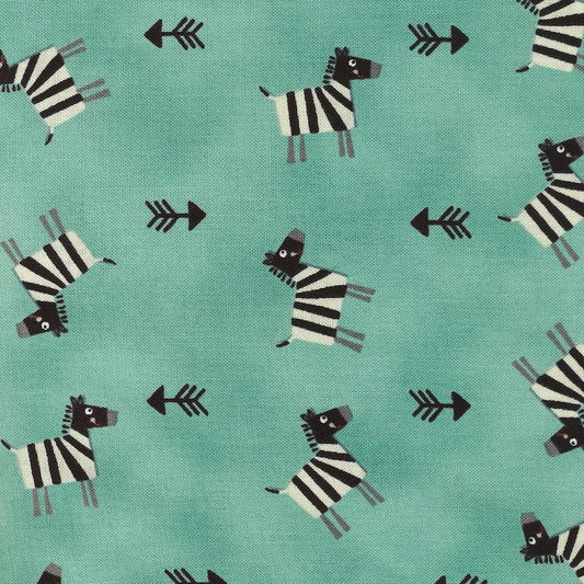 A repeating fabric pattern featuring cartoon zebra animals and black arrows on an aqua green background.