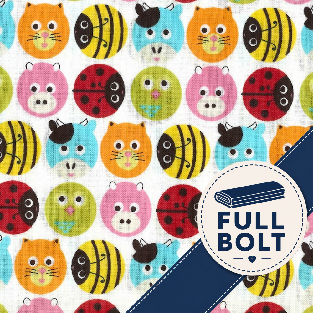 A close-up of a fabric pattern featuring colorful cartoon animal faces including bees, ladybugs, owls, and a cat, with a navy blue diagonal stripe and a white circular badge reading 'FULL BOLT'.