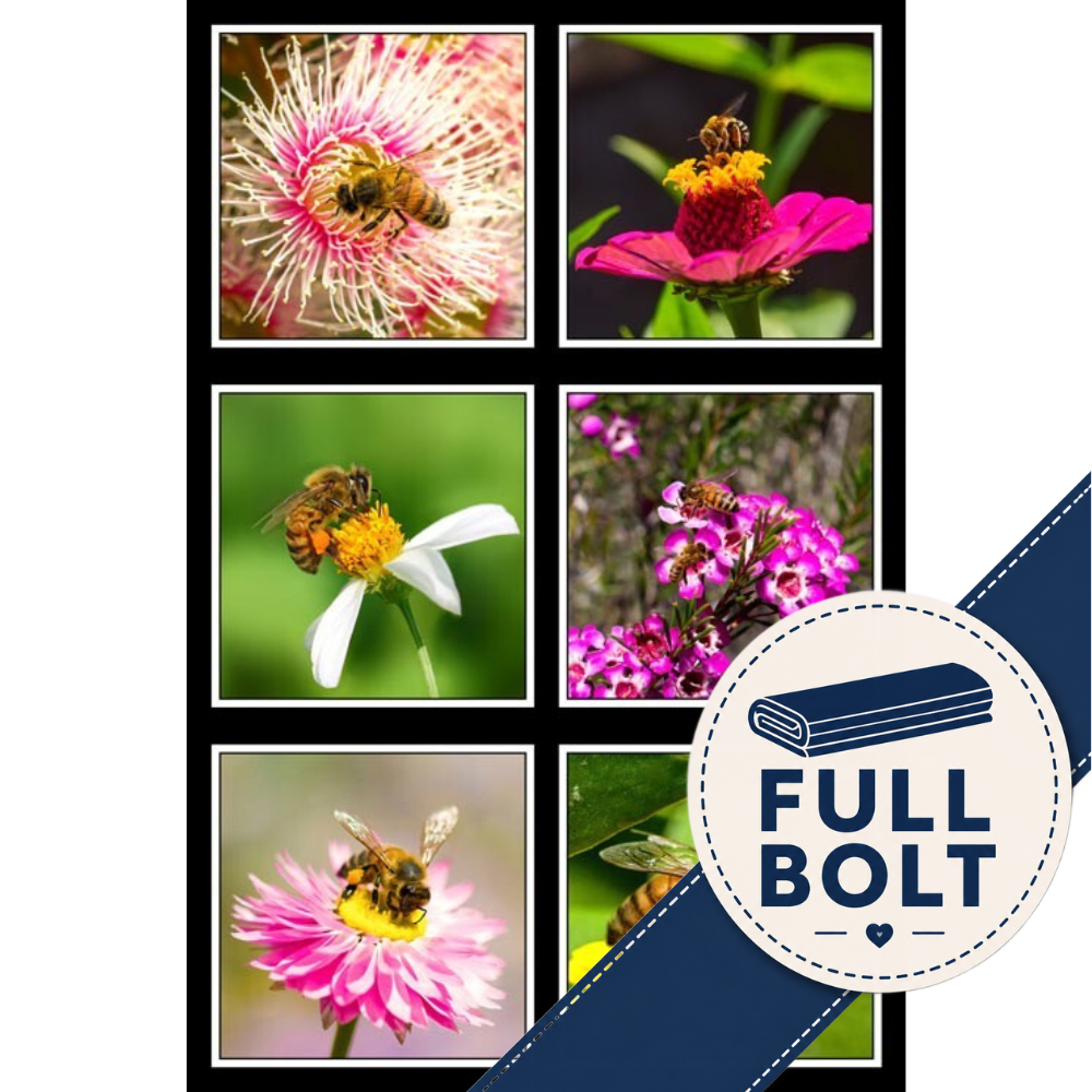 A collage of six square fabric blocks showing bees pollinating pink, yellow, and white flowers, with a dark navy diagonal banner across the lower right containing the text 'FULL BOLT' and a small rolled-paper icon.
