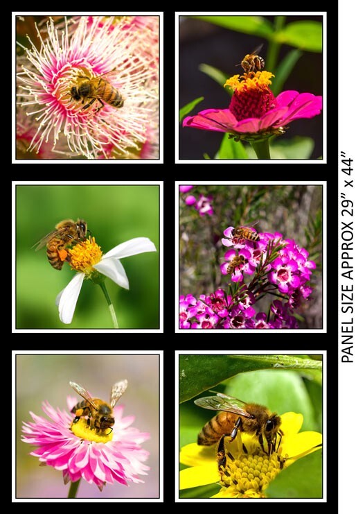 A 6-panel fabric collage of close-up photos of bees pollinating pink, yellow, and white flowers, with a black border and vertical text reading 'PANEL SIZE APPROX 29" x 44"'.