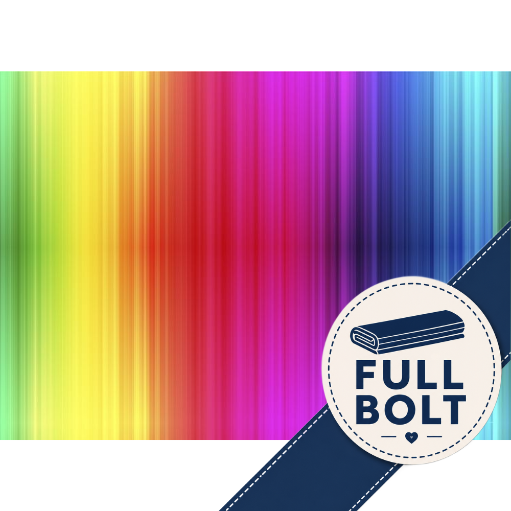 A vibrant rainbow-striped fabric or material sample with vertical color bands, shown with a navy ribbon and a circular badge reading “FULL BOLT” in the lower right corner.