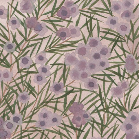 Pattern of purple flowers and green leaves on a pink background